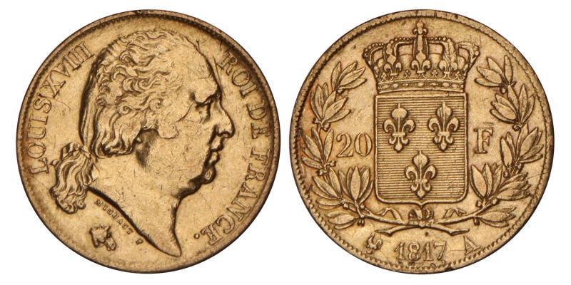 France. Lodewijk XVIII. 20 Francs. 1817 A.