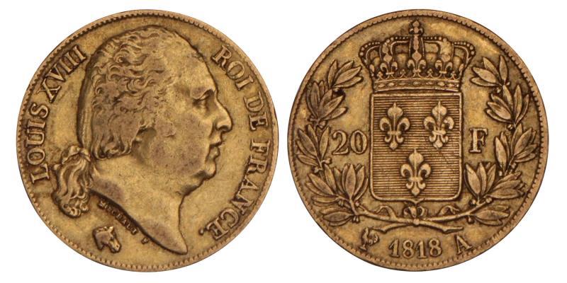 France. Lodewijk XVIII. 20 Francs. 1818 A.