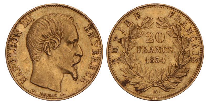 France. Napoleon III. 20 Francs. 1854 A.