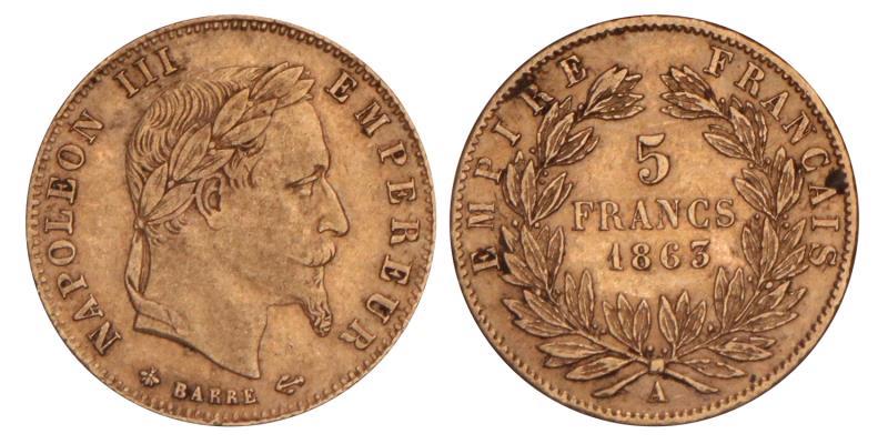 France. Napoleon III. 5 Francs. 1863 A.