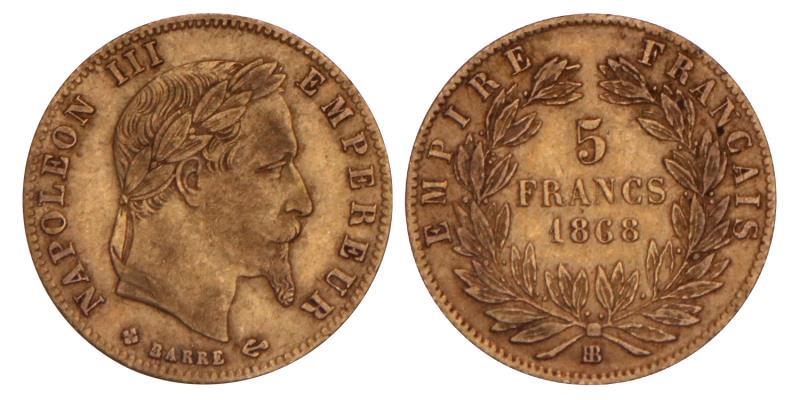 France. Napoleon III. 5 Francs. 1868 BB.