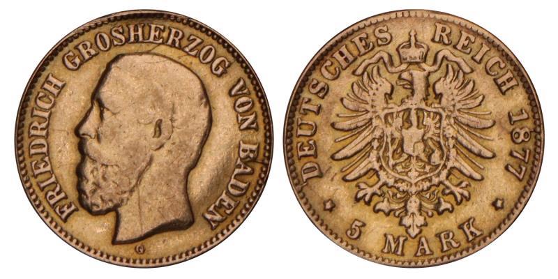 Germany. Baden. Friedrich I. 5 Mark. 1877 G.