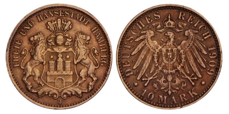 Germany. Hamburg City. 10 Mark. 1909 J.