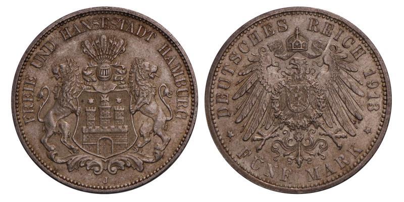 Germany. Hamburg. 5 Mark 1913 J.