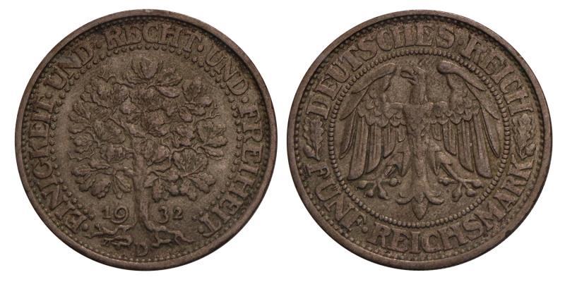 Germany. Weimar. Republic. 5 Mark. 1932 D.