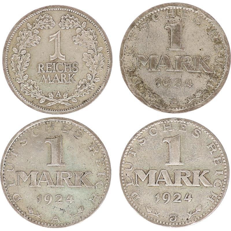Weimar Republic. Lot (4) 1 Mark. 1924 A, J, G, 1925 A.