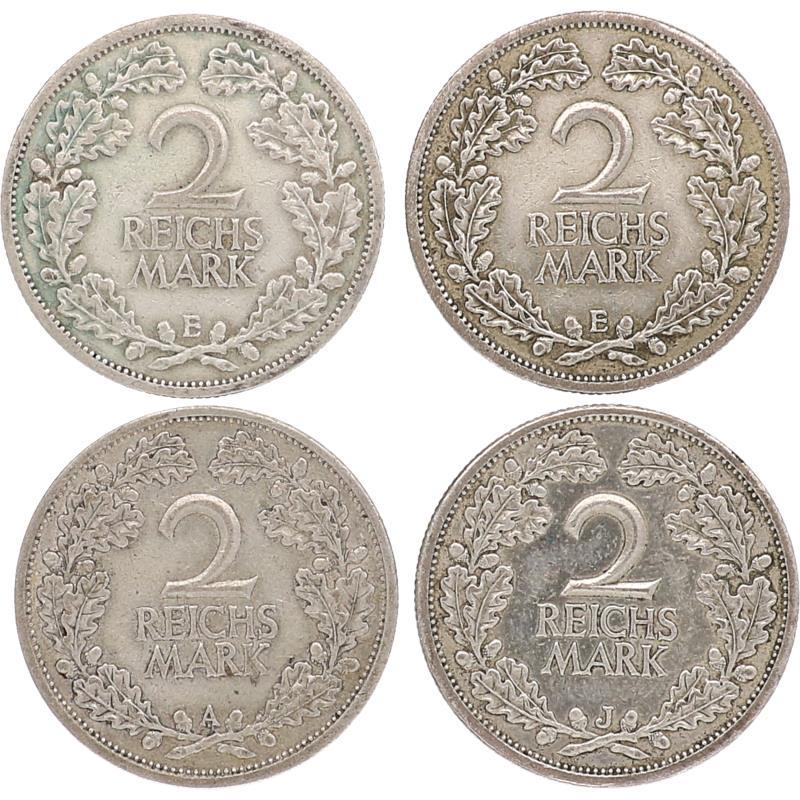 Weimar Republic. Lot (4) 2 Mark. 1925 A, 1926 J, 1926 E (2).