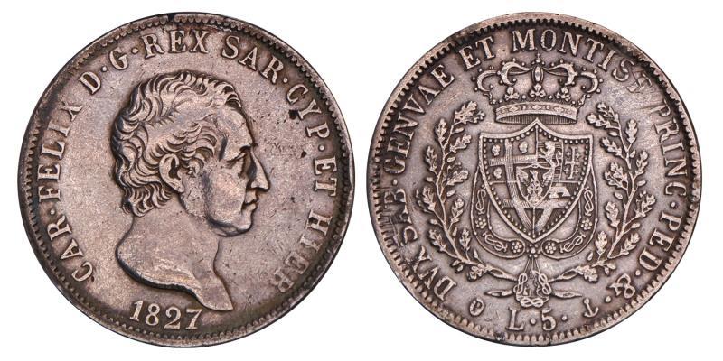 Italy. Carlo Felix. 5 Lire. 1827 P.