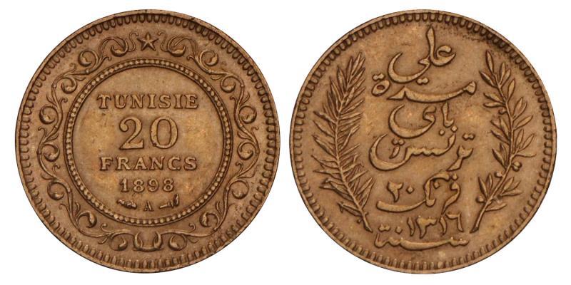 Tunesia. Protectorate. 20 Francs. 1898 A.