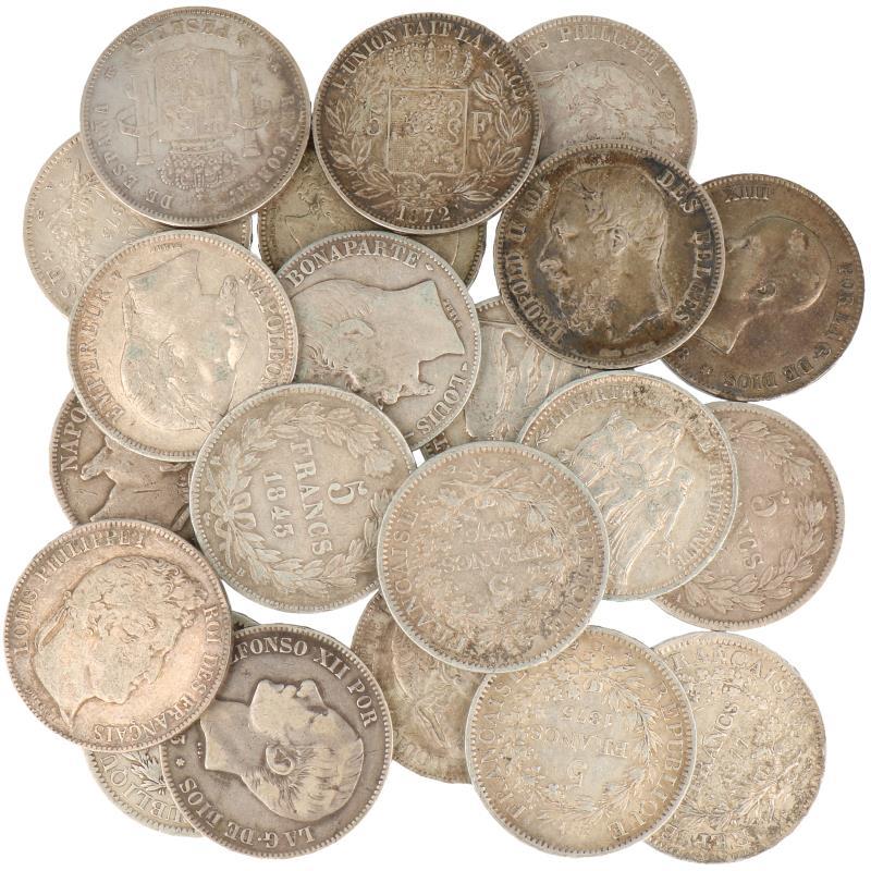 World. Lot (21) 5 Francs, 5 Pesetas. 19th Century.