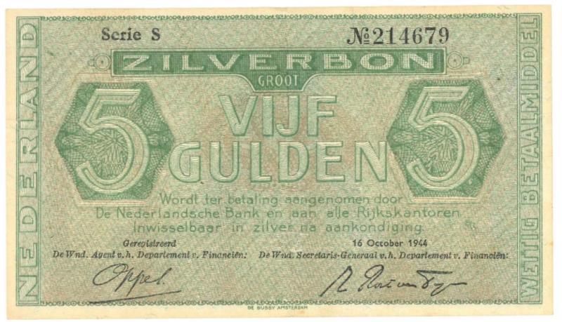 Nederland. 5 gulden. Zilverbon. Type 1944. - Zeer Fraai +.