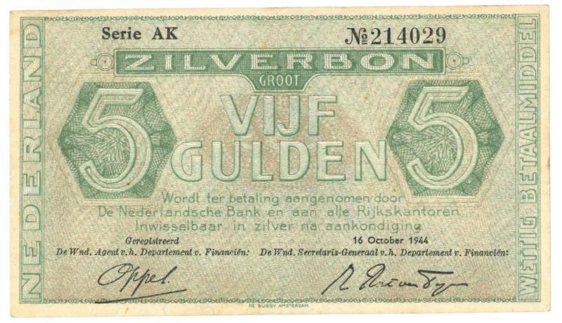 Nederland. 5 gulden. Zilverbon. Type 1944. - Zeer Fraai.