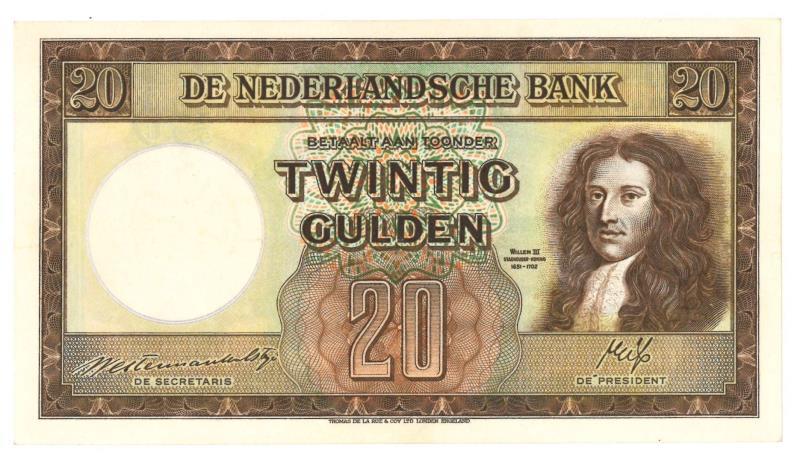 Nederland. 20 gulden. Bankbiljet. Type 1945. Stadhouder Willem III - Prachtig.