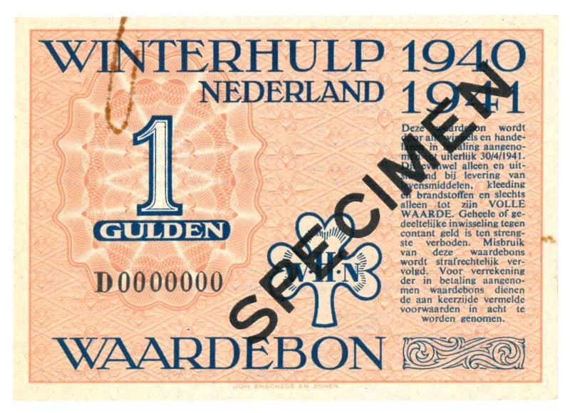 Nederland. 1 gulden. Waardebon. Type 1940-1941. Winterhulp - UNC.