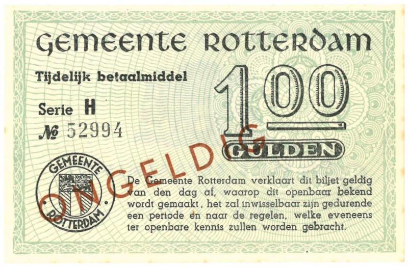 Nederland. 1 gulden. Noodgeld. Type 1940. Rotterdam - Nagenoeg UNC.