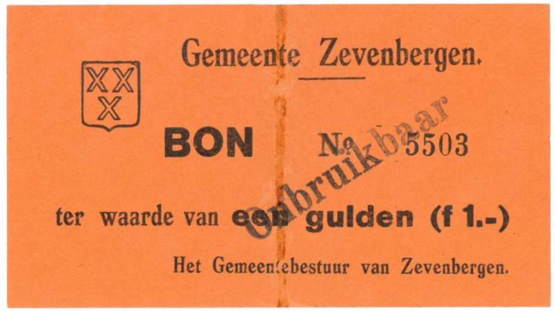 Nederland. 1 gulden. Noodgeld. Type 1940. Zevenbergen - Zeer Fraai.