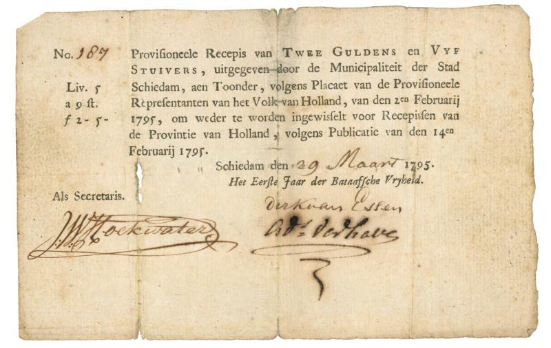 Nederland. 2 gulden en 5 stuivers. Recepisse. Type 1795. Schiedam - Fraai.