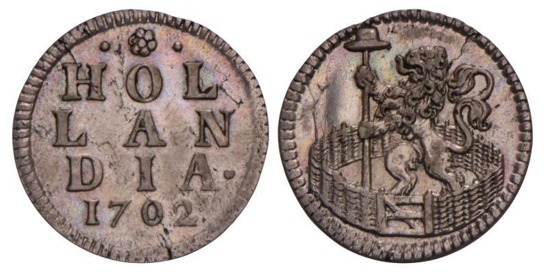Duit afslag in zilver Holland 1702. Prachtig -.