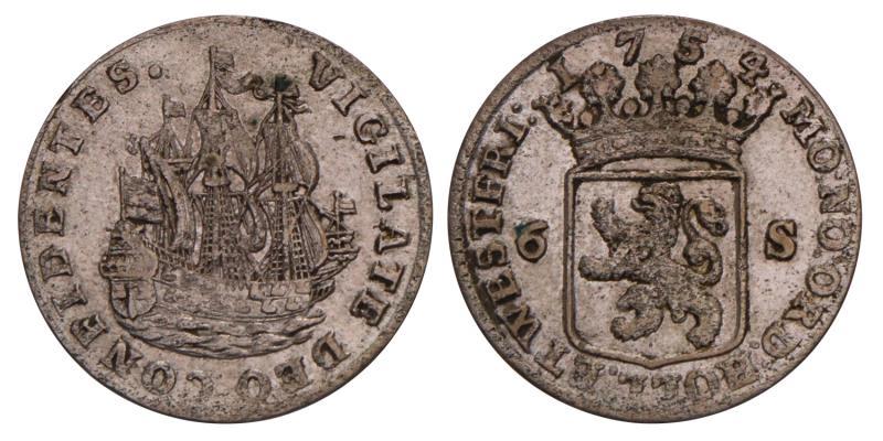 6 Stuiver of scheepjesschelling West-Friesland 1754. Zeer Fraai +.
