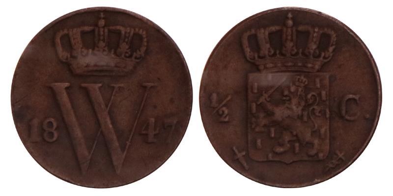 ½ Cent Willem II 1847. Zeer Fraai.