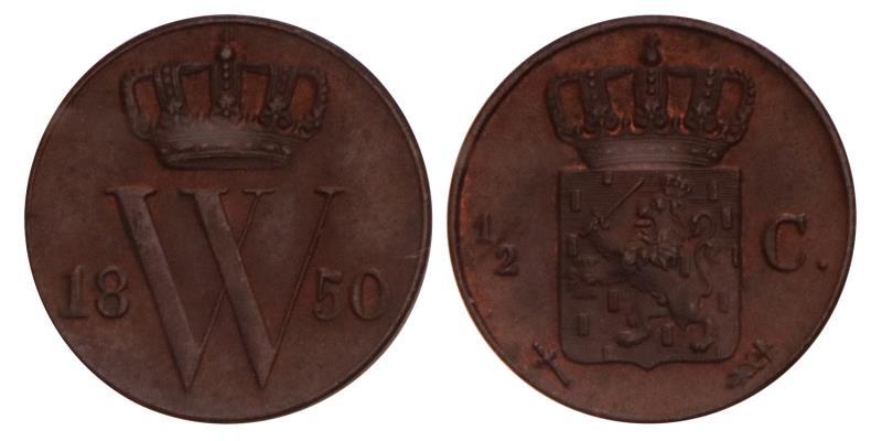 ½ Cent Willem III 1850. FDC.