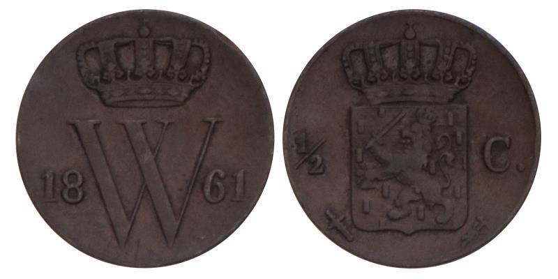 ½ Cent Willem III 1861. Zeer Fraai.