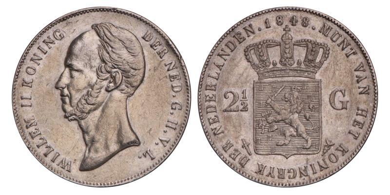 2½ Gulden Willem II 1848. Zeer Fraai / Prachtig.