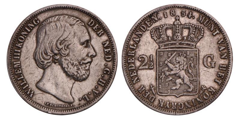 2½ Gulden Willem III 1854. Zeer Fraai +.