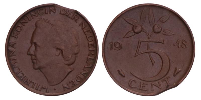 5 Cent Wilhelmina 1948 einde muntplaat.