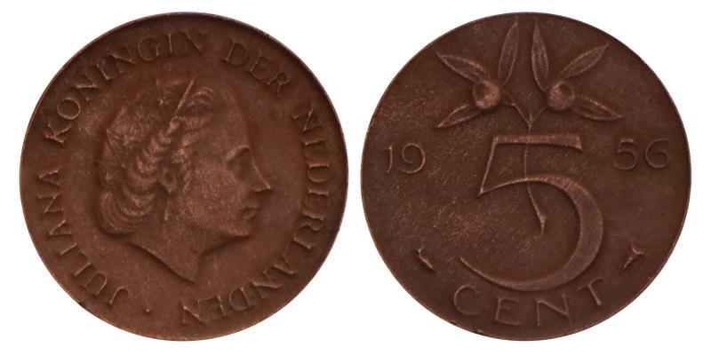 5 Cent Juliana 1956 dunne muntplaatje geslagen.