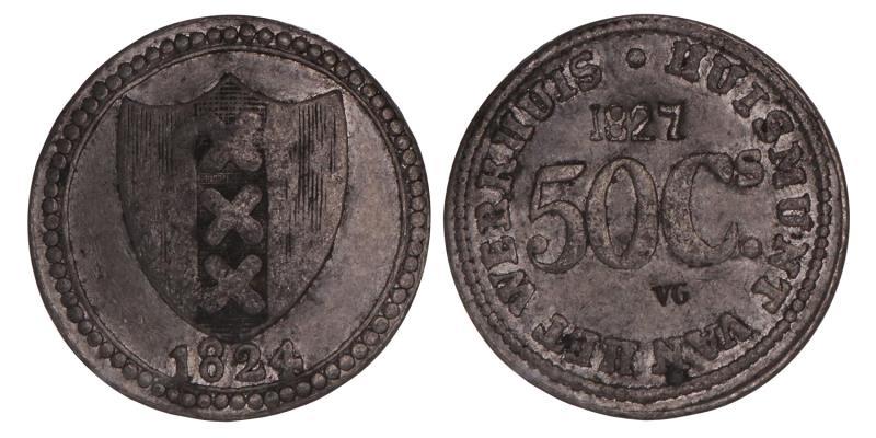50 Cent werkhuis Amsterdam 1827. Zeer Fraai.