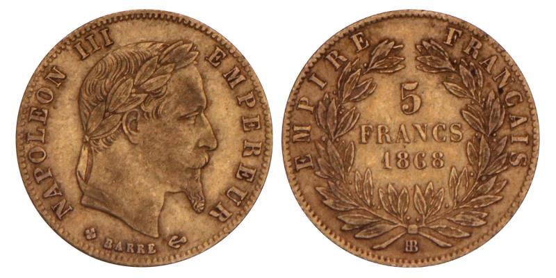 France. Napoleon III. 5 Francs. 1868 BB.