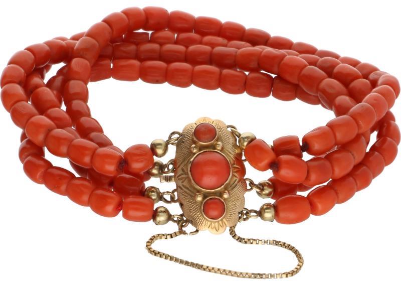 Antieke armband geelgoud, bloedkoraal - 14 kt.
