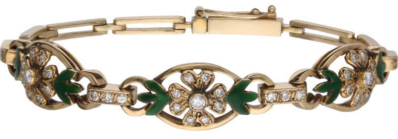 Vintage armband geelgoud, ca. 0,45 ct. diamant en groene emaille - BWG 10 kt.