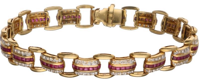 Armband geelgoud, zirkonia en synthetische robijn - 18 kt.