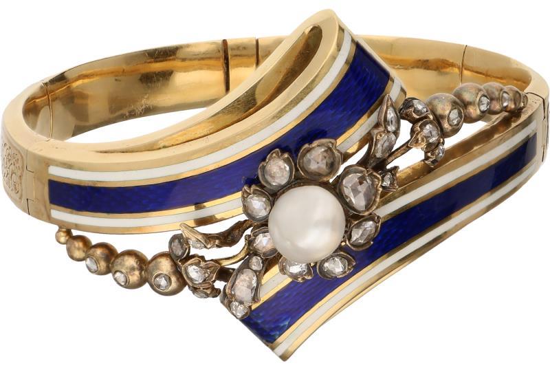 Antieke armband geelgoud, ca. 0,5 ct. diamant, zoetwater parel en witte / blauwe emaille - 14 kt.