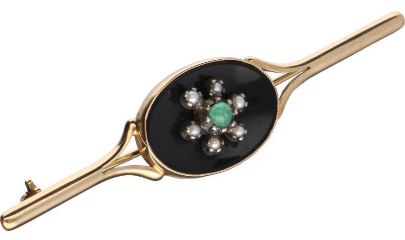 Antieke broche goud/zilver, onyx, smaragd en zaadparels - 14 kt.