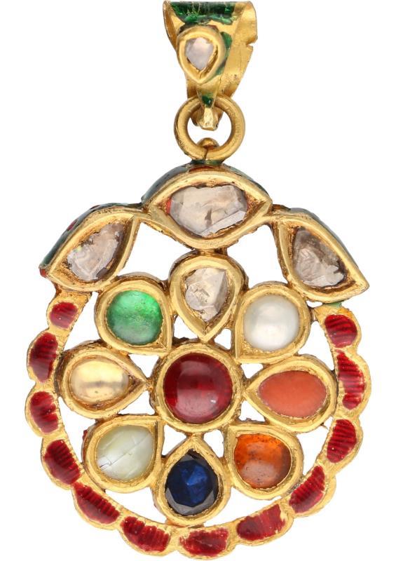 Antieke hanger geelgoud, edelstenen waaronder ca. 0,19 ct. diamant, bloedkoraal, saffier, smaragd, citrien en veelkleurige emaille - 20 kt.