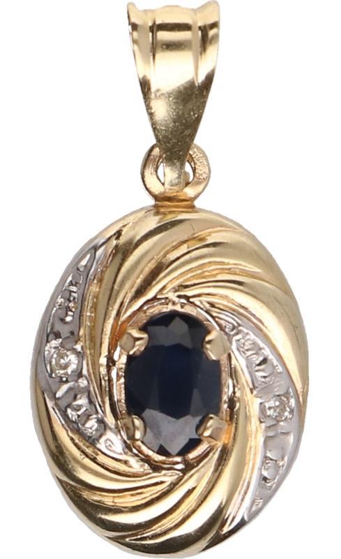 Hanger geelgoud, ca. 0,02 ct. diamant en saffier - 14 kt.