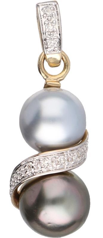 Parel hanger geelgoud, ca. 0,07 ct. diamant en cultivé Tahiti parel - 14 kt.