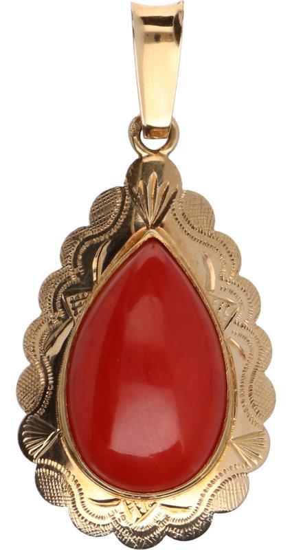 Antieke hanger geelgoud, bloedkoraal - 14 kt.