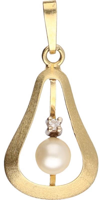 Parel hanger geelgoud, ca. 0,01 ct. diamant en cultivé parel - 14 kt.