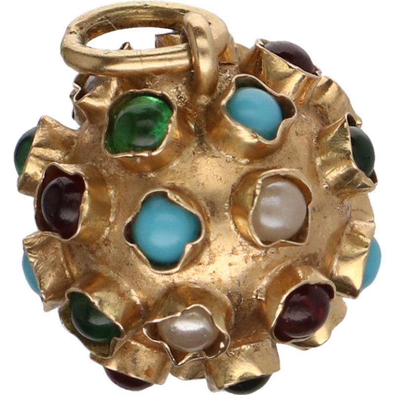 Hanger geelgoud, cultivé parel, blauwe, groene en rode siersteen - 14 kt.