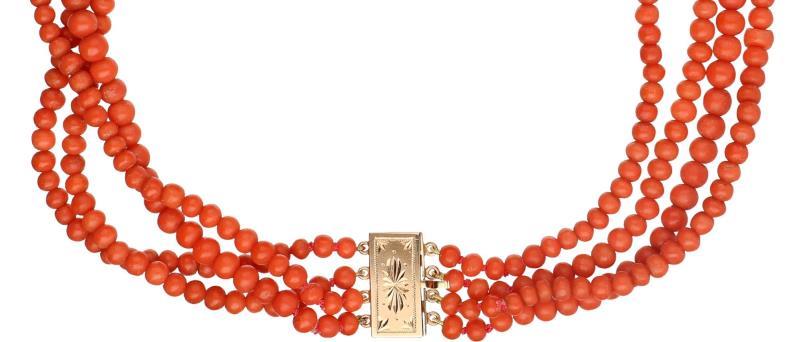 Antiek collier geelgoud, bloedkoraal - 14 kt.