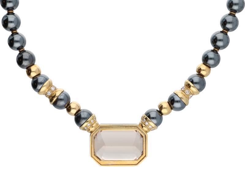Vintage collier geelgoud, ca. 0,46 ct. diamant, hematiet en rookkwarts - 18 kt.
