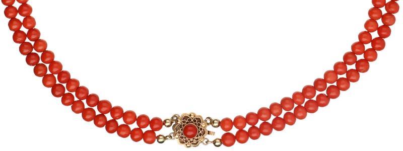 Antiek collier geelgoud, bloedkoraal - 14 kt.