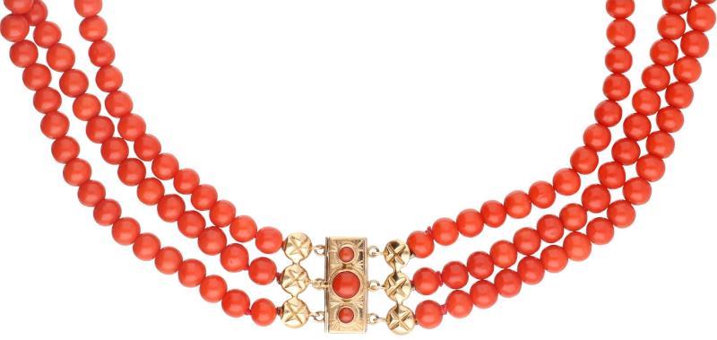 Antiek collier geelgoud, bloedkoraal - 14 kt.