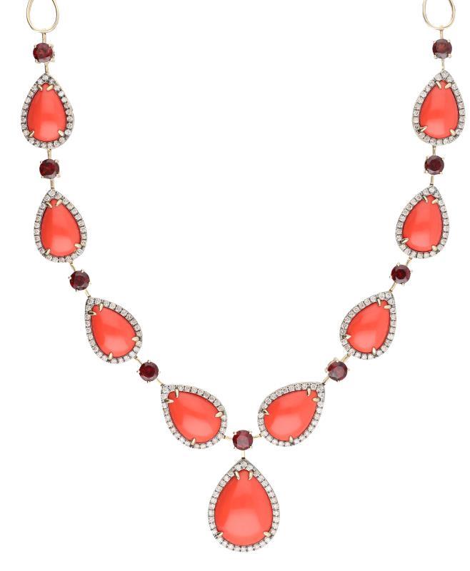 Vintage collier geelgoud, ca. 2,34 ct. diamant, bloedkoraal en rode siersteen - 14 kt.