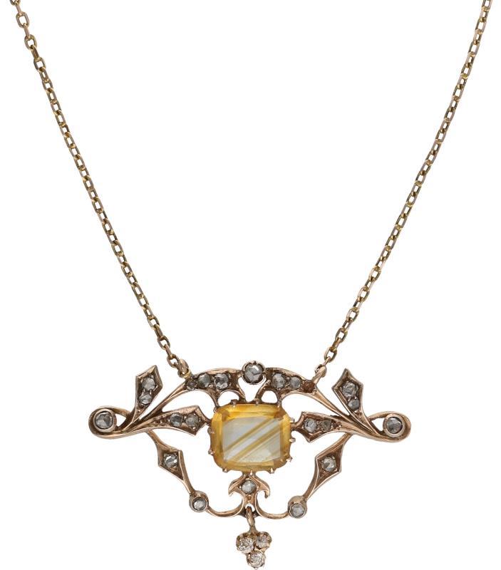 Antiek collier met hanger geelgoud, ca. 0,15 ct. diamant en citrien - 14 kt.