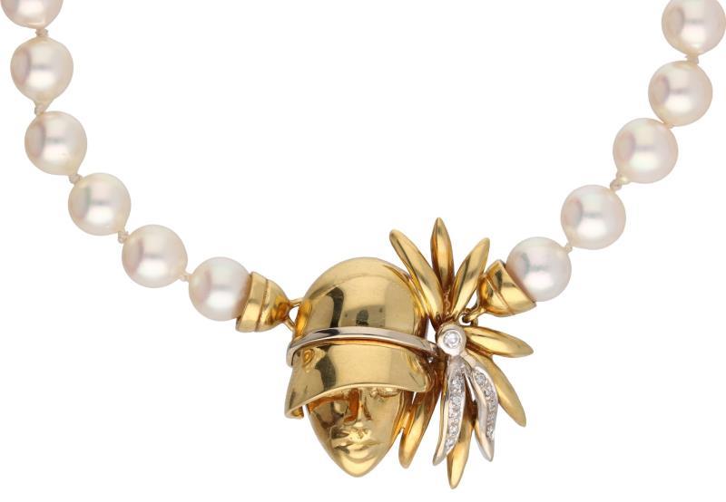 Art Nouveau parel collier bicolor goud, ca. 0,09 ct. diamant en cultivé parel - 18 kt.